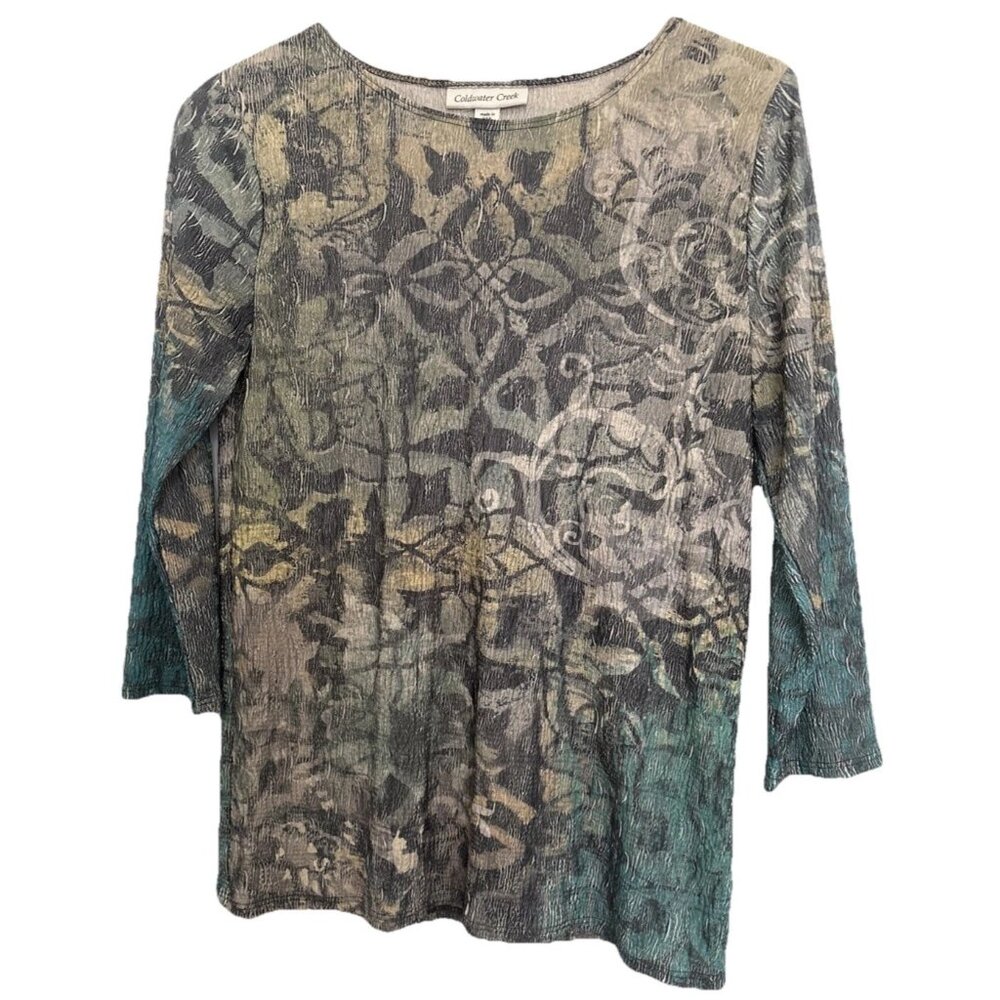 Coldwater Creek Women's  Aqua & Beige Floral 3/4 Sleeve Stretchy  Knit Sz. "Sm"